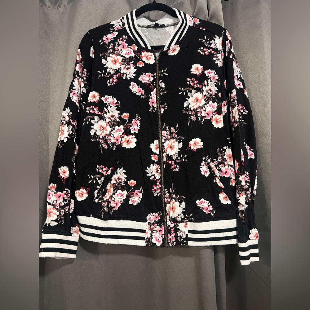 torrid Black Floral Zip-Up Bomber Jacket with Pink Accents